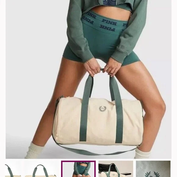 NWT PINK Victoria's Secret Cream and Green weekender Duffel Bag Adjustable Strap - Picture 3 of 13